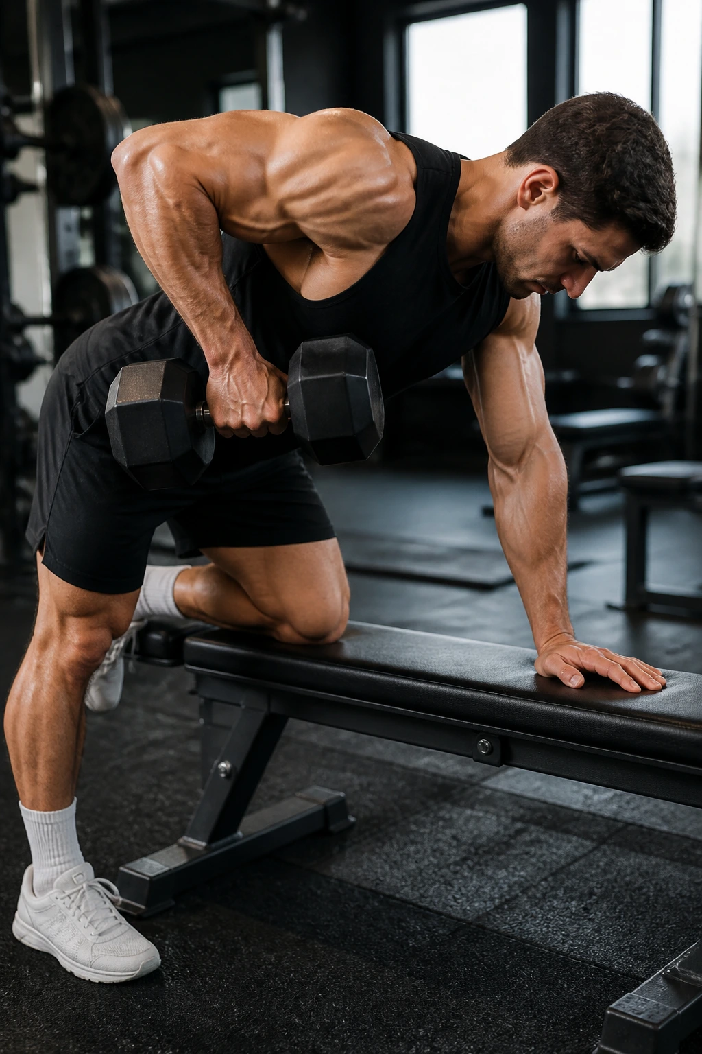 Lifter performing one-arm dumbbell row with elbow toward hip