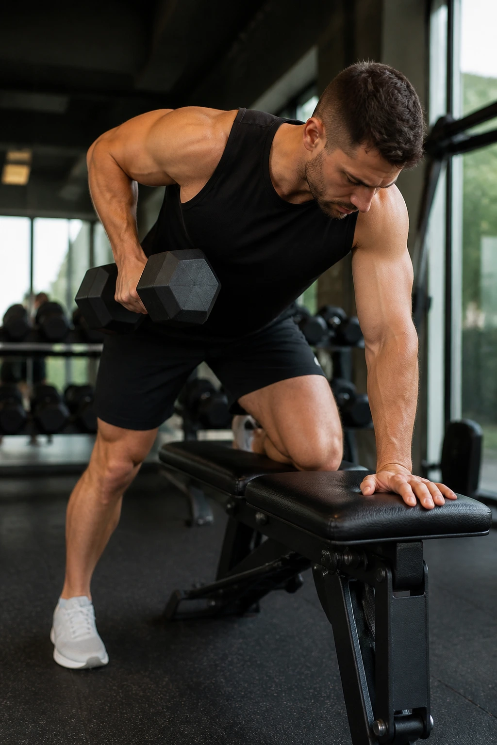 Lifter performing a one-arm dumbbell row with bench support in gym