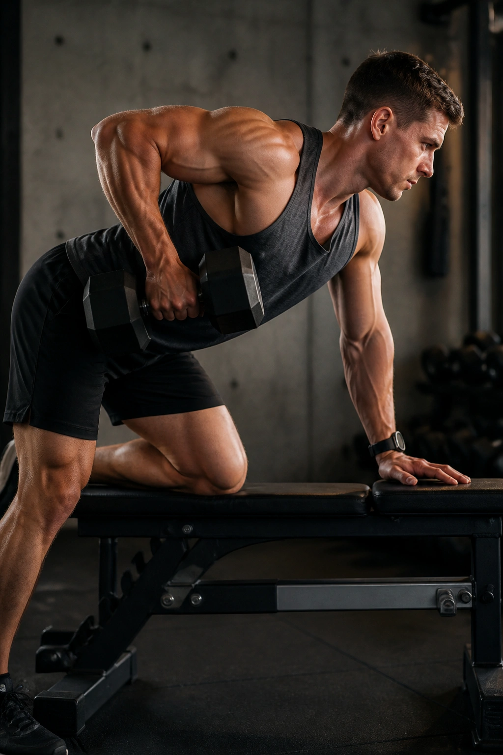 Close-up of real person performing one-arm dumbbell row with elbow to hip and lat engaged