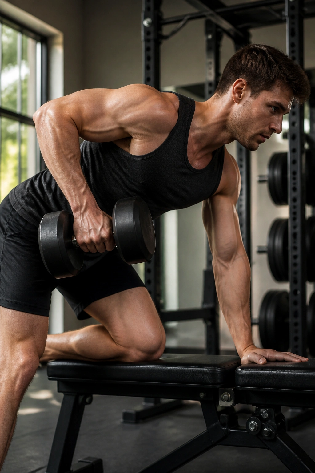Person performing a one-arm dumbbell row with bench support in a gym