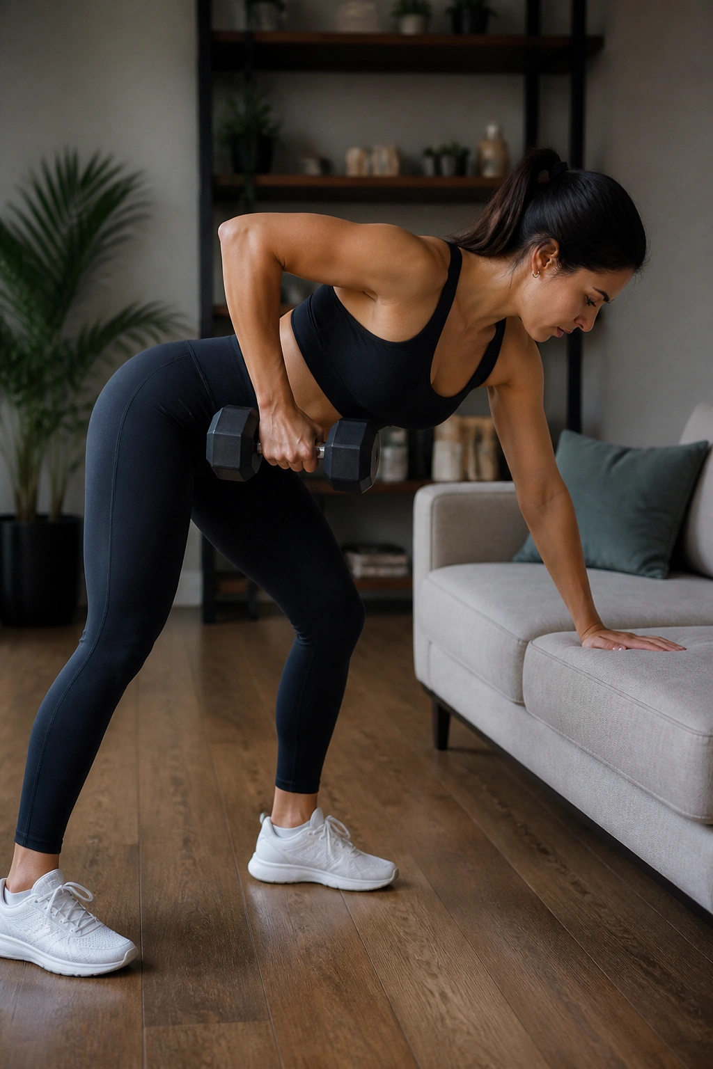 Side view of a person doing a one-arm dumbbell row in a home setting