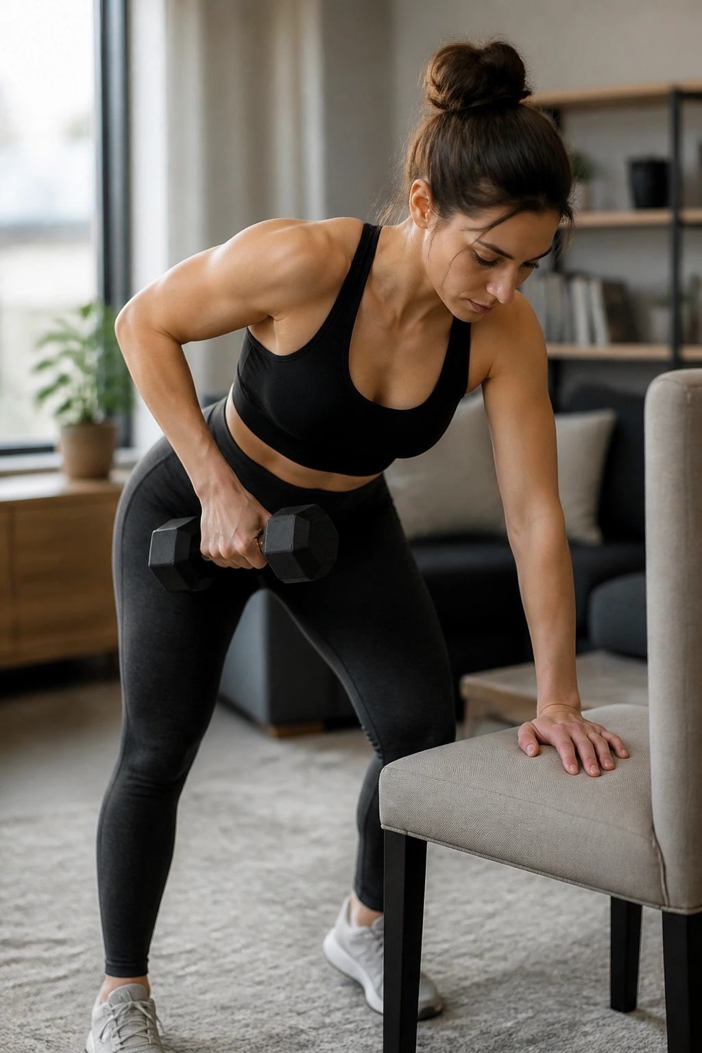 Close-up of a person doing a one-arm dumbbell row with support on a chair