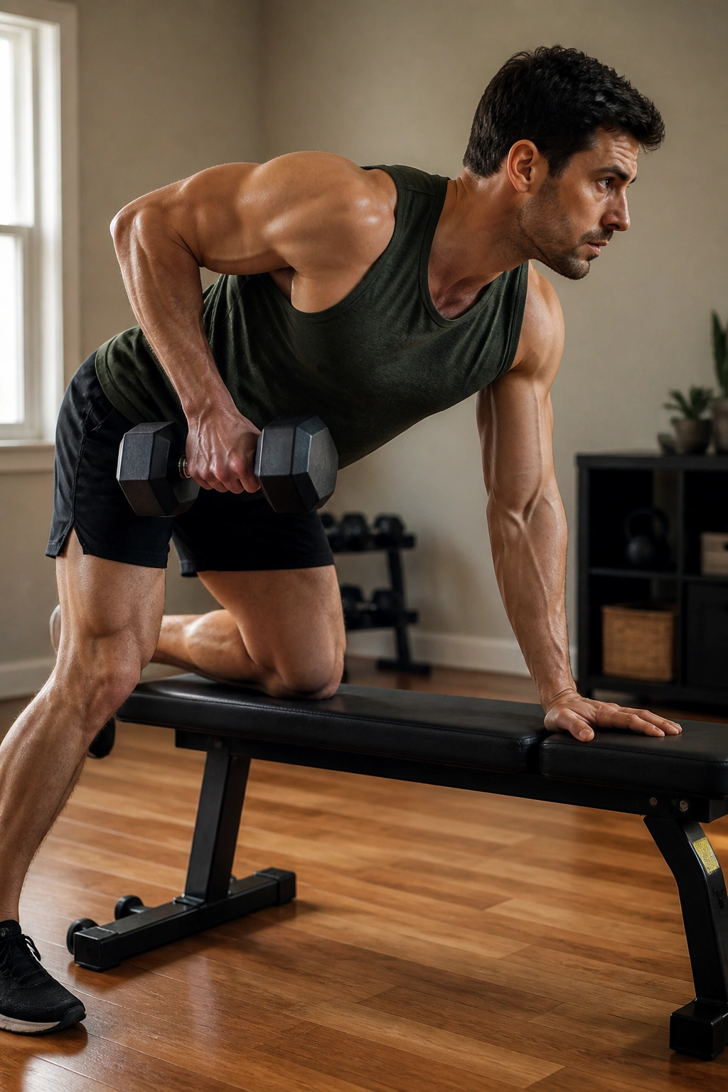 Medium-close shot of a person doing One-Arm Dumbbell Row with a bench in a home gym.
