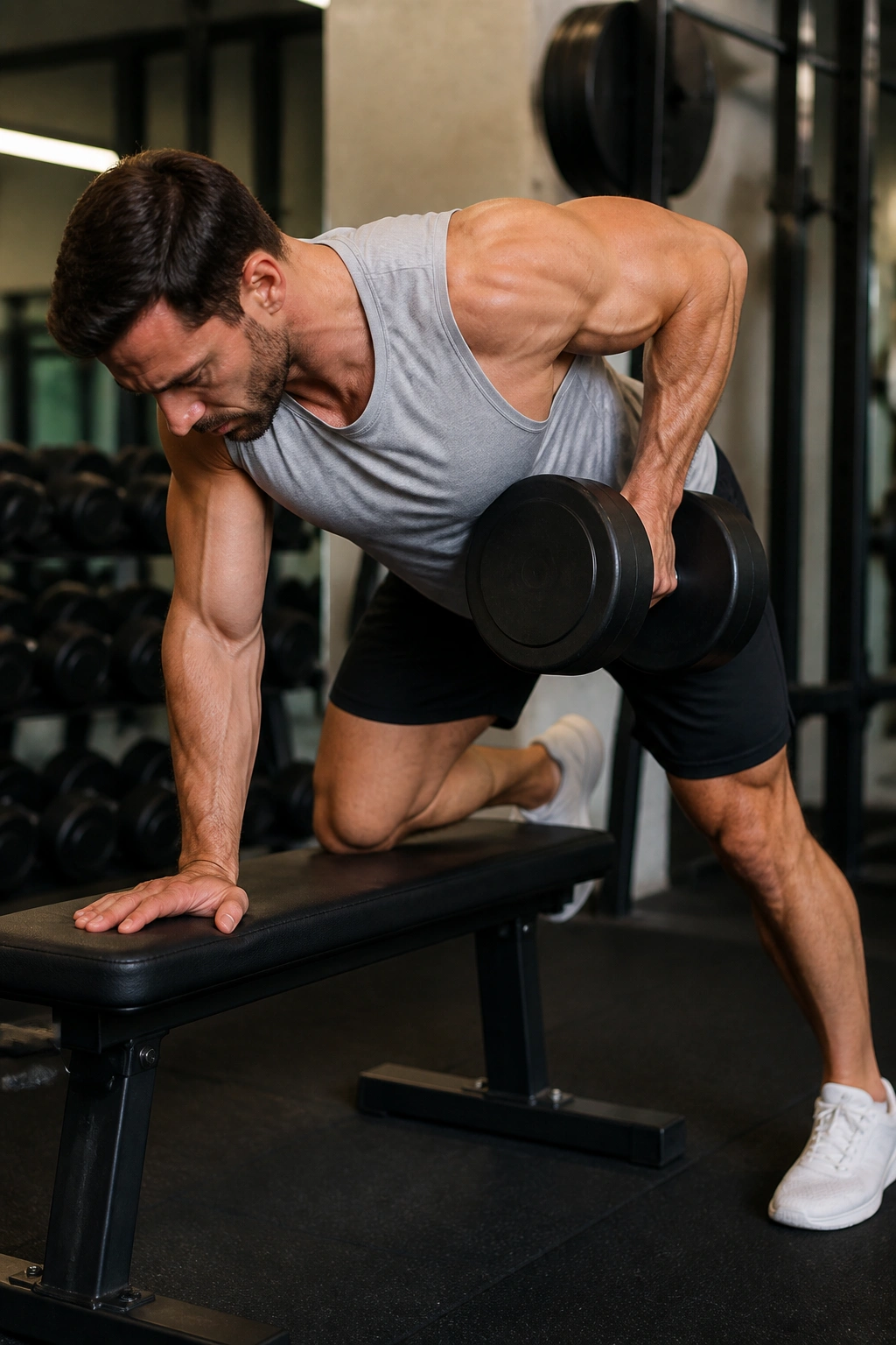 One-arm dumbbell row with elbow toward hip in gym