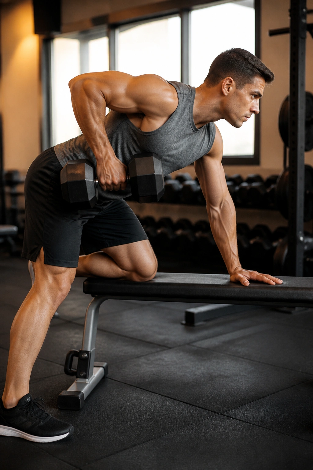 Single-arm dumbbell row on bench in gym