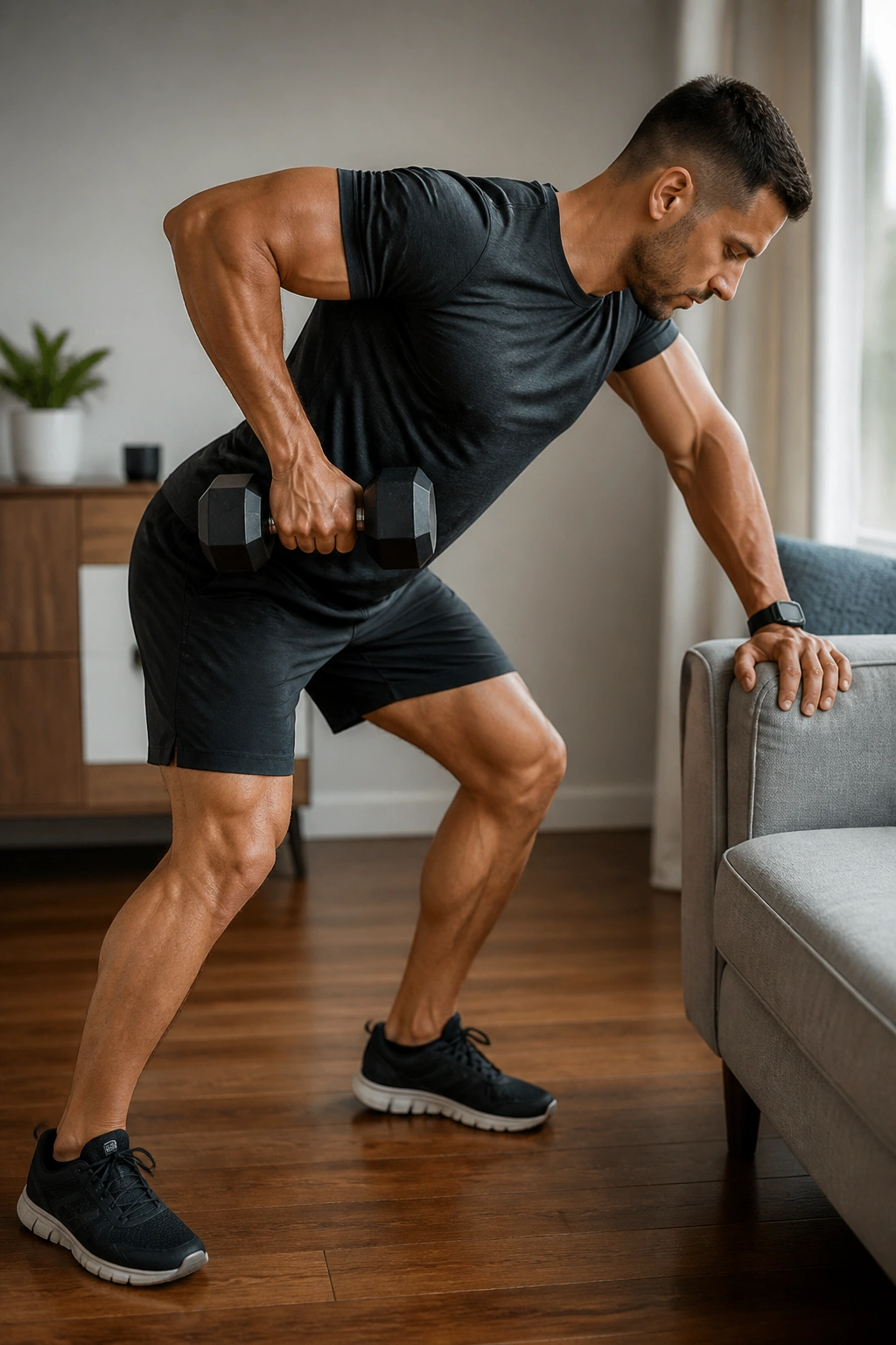 Real person performing one-arm dumbbell row with couch support in a home setting