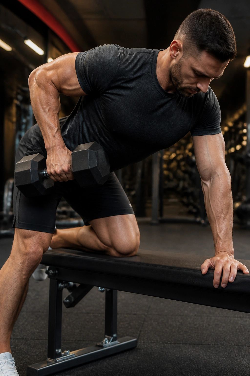 Close-up of a person performing a one-arm dumbbell row to balance uneven posture