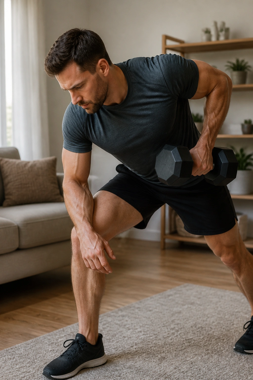 Close-up of one-arm dumbbell row in a small living space