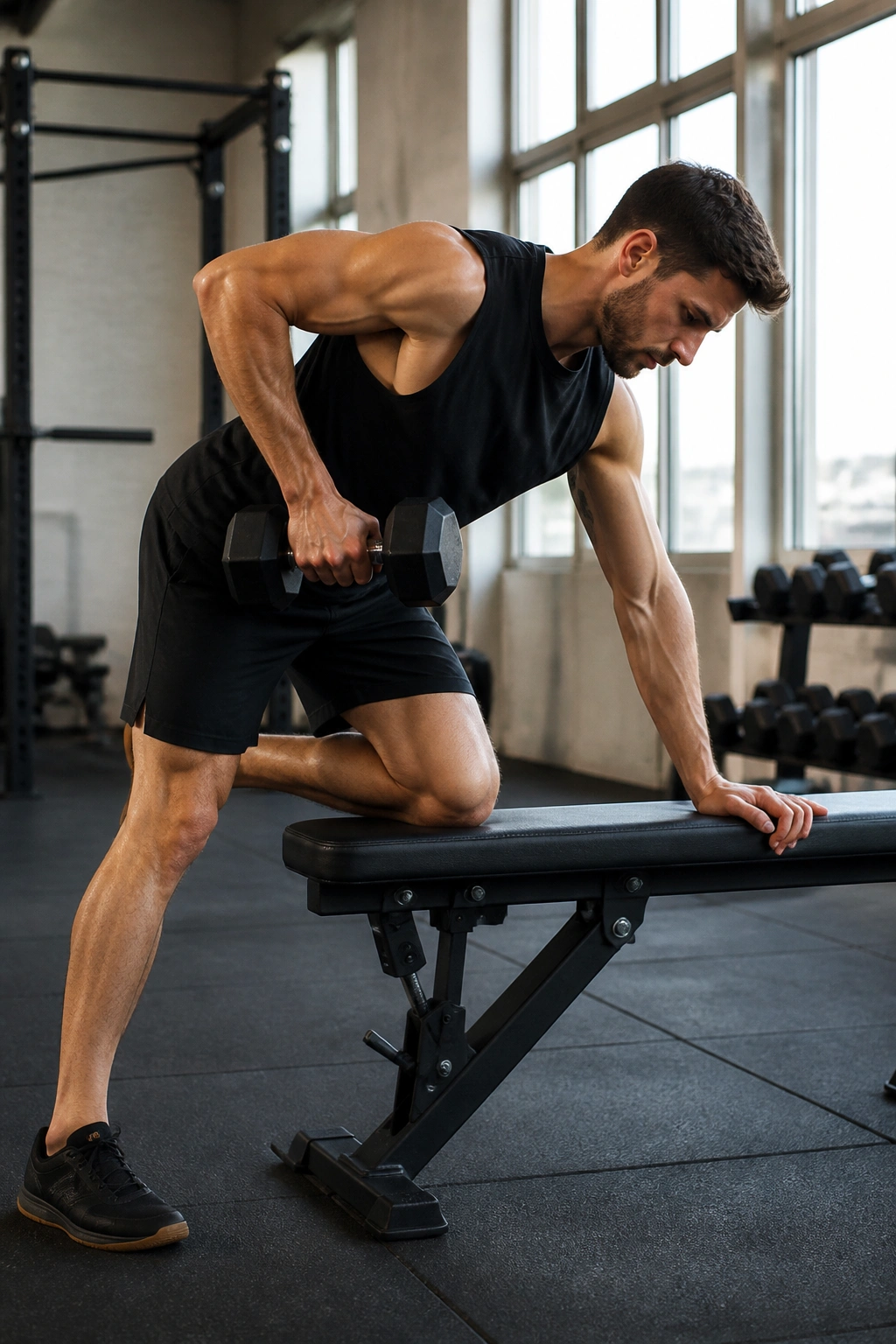 Side profile of a person performing a one-arm dumbbell row with bench support.