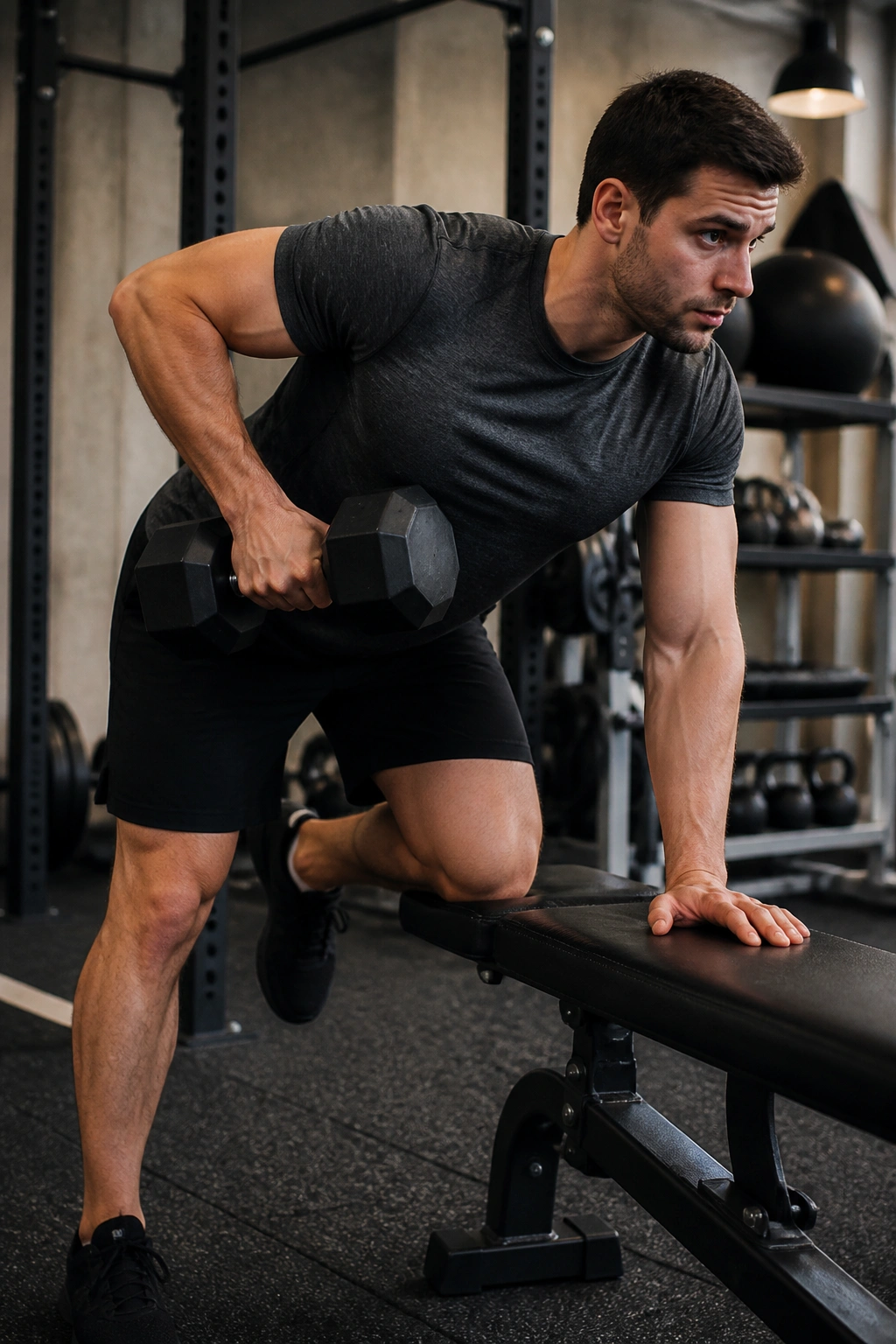 Medium-close portrait of a person performing a hinge-position one-arm row with torso square