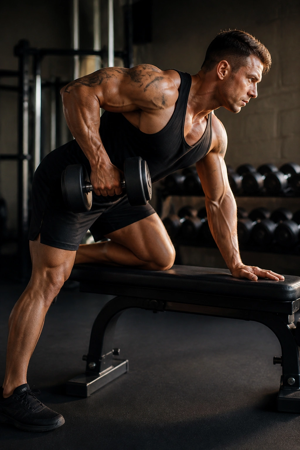Side-profile of a lifter performing a one-arm dumbbell row on a bench
