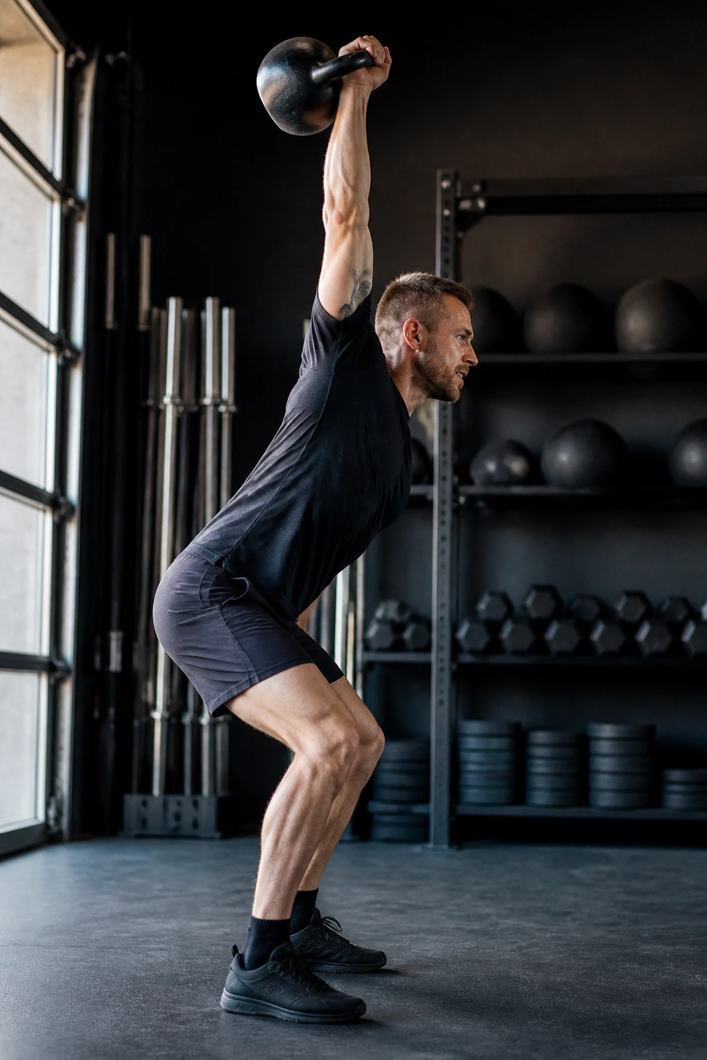 Side-profile of one-arm kettlebell snatch with overhead extension