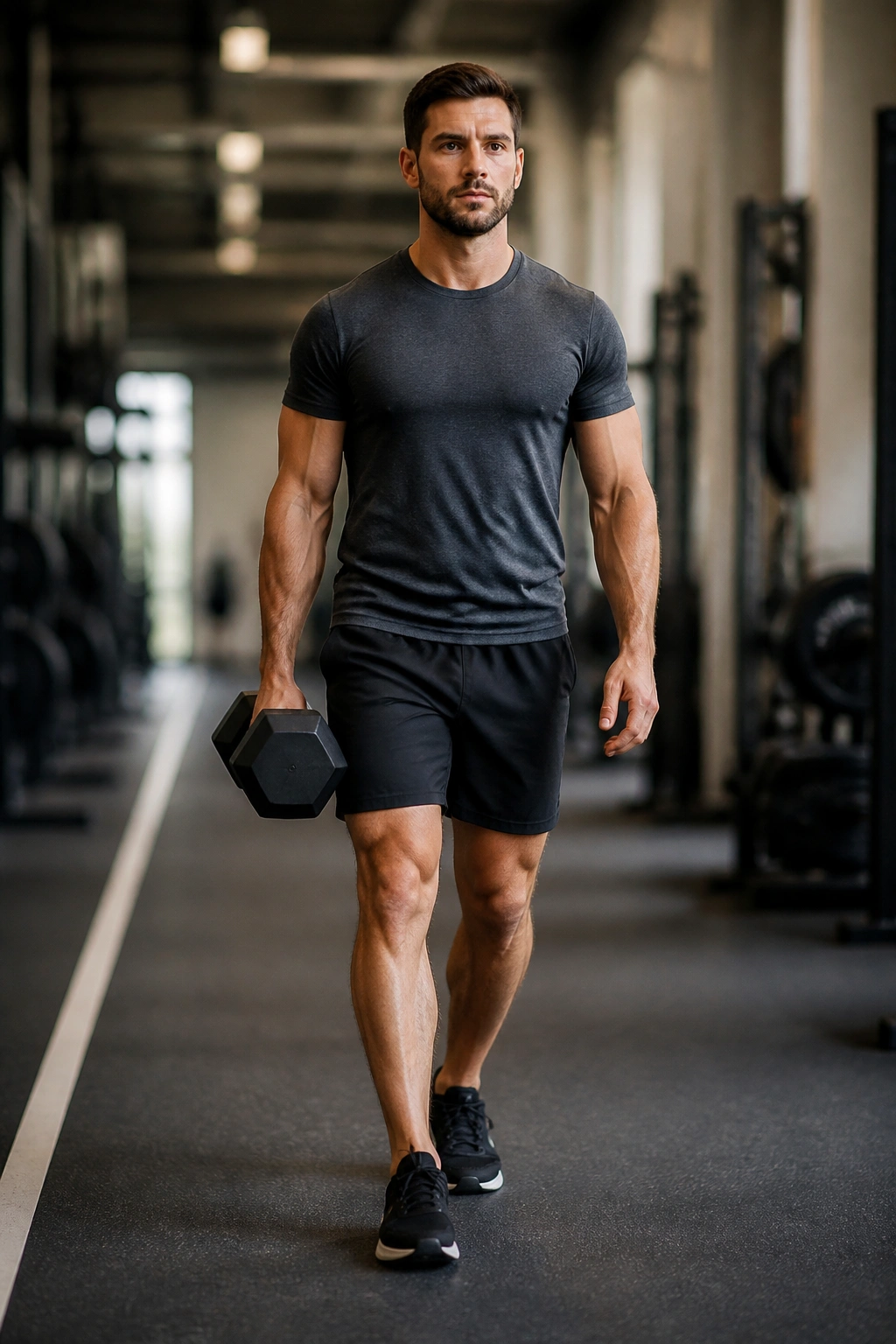 Full-body portrait of person performing one-arm suitcase carry in gym