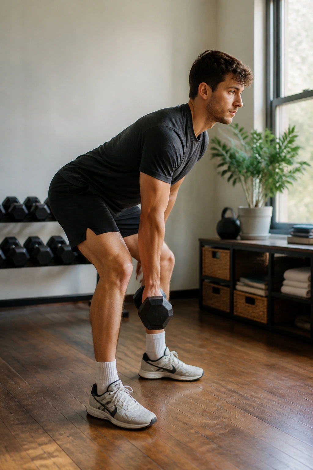 Person performing a one-dumbbell deadlift in a home gym