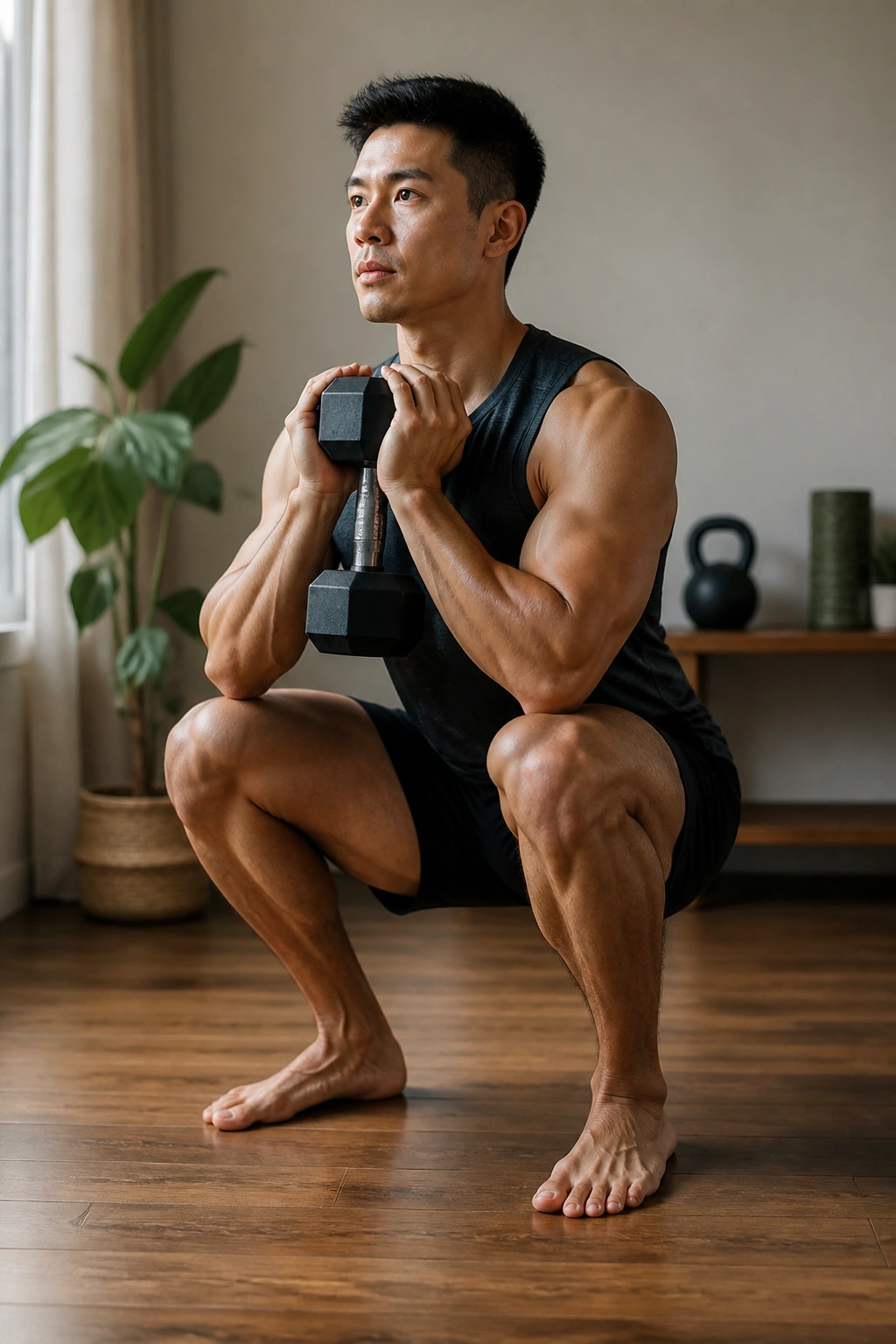 Real person performing goblet squat with one dumbbell in a home gym