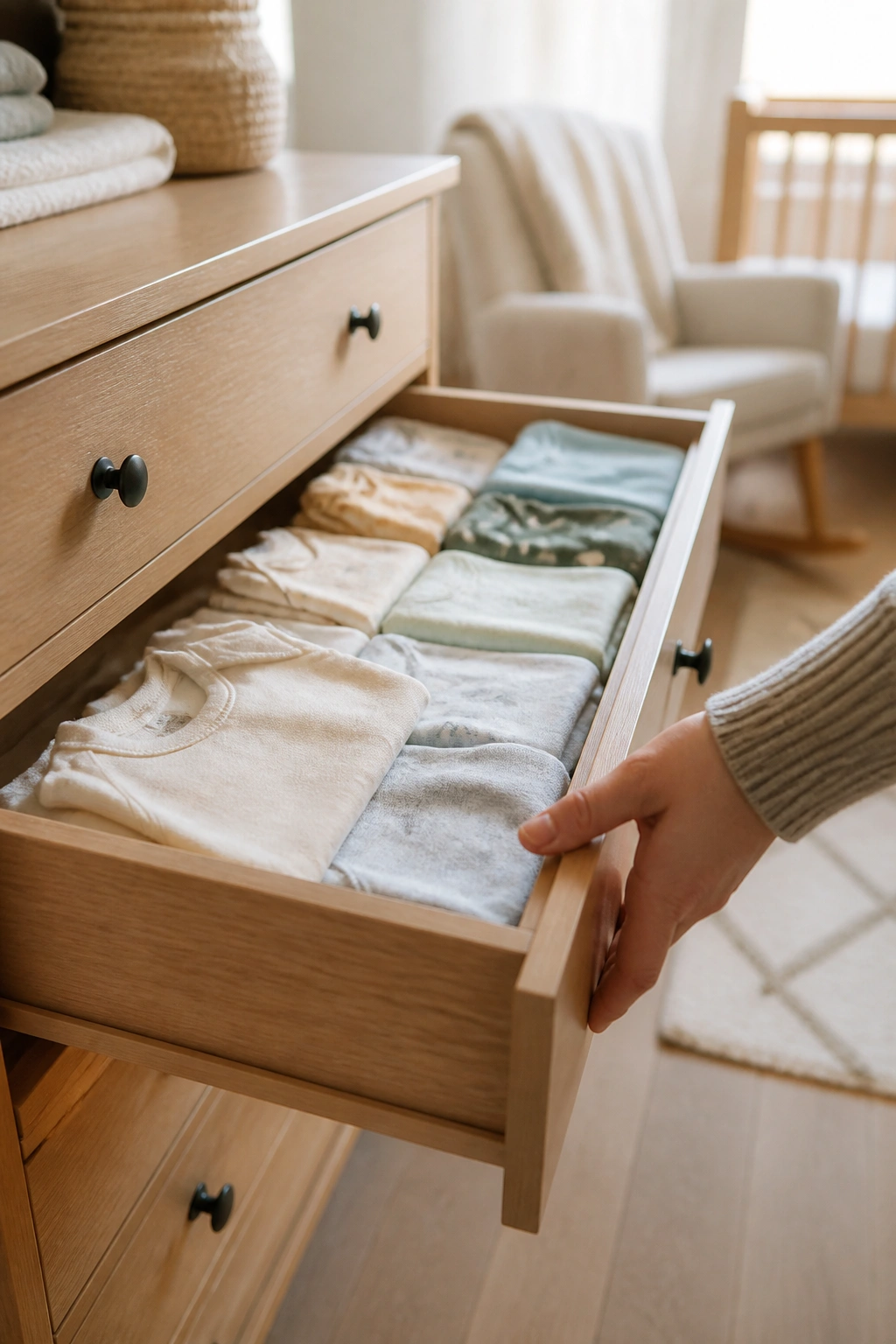 Drawer opened with one hand revealing neatly folded sleepers