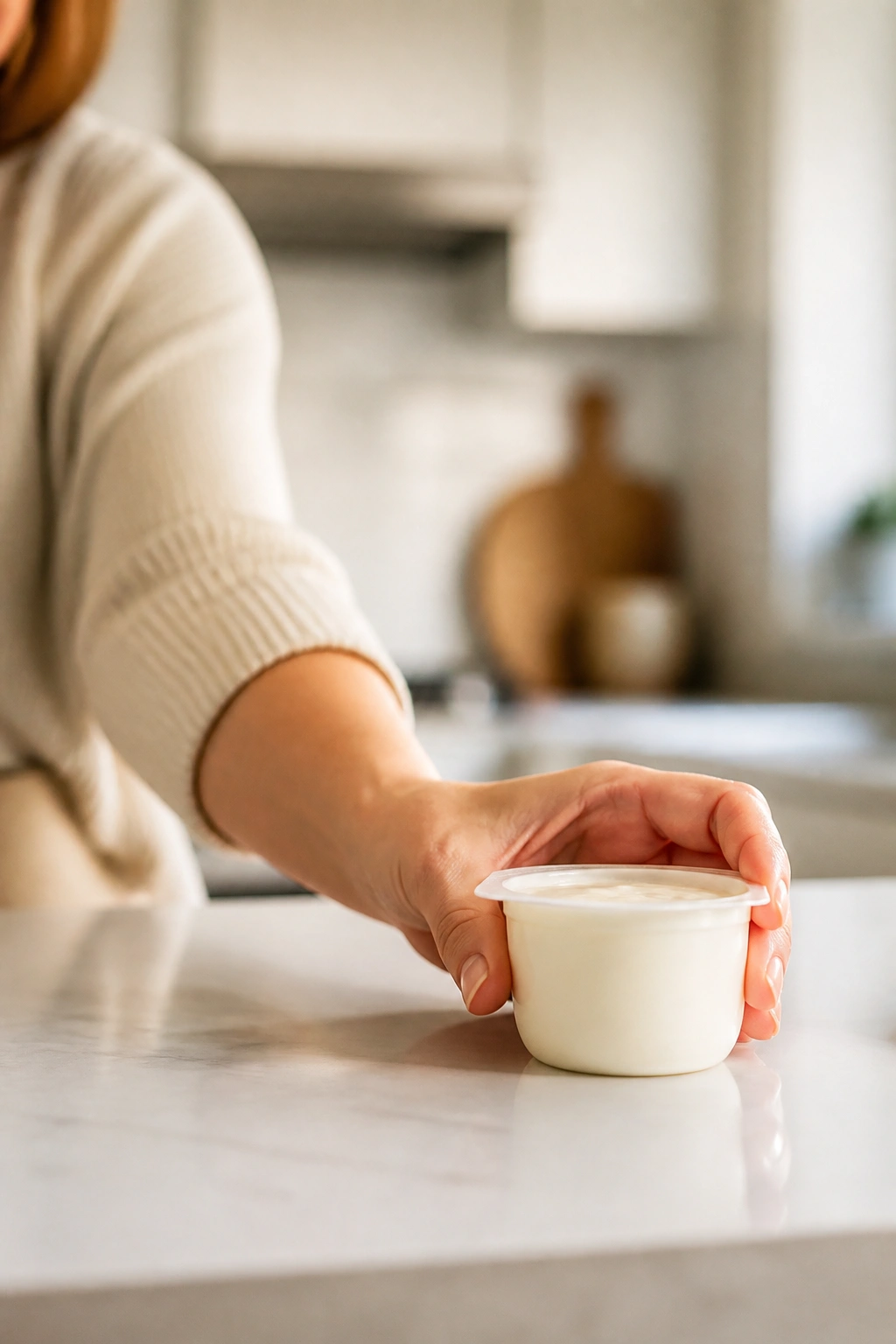 Hand reaching for a yogurt cup on a kitchen counter as a quick snack.