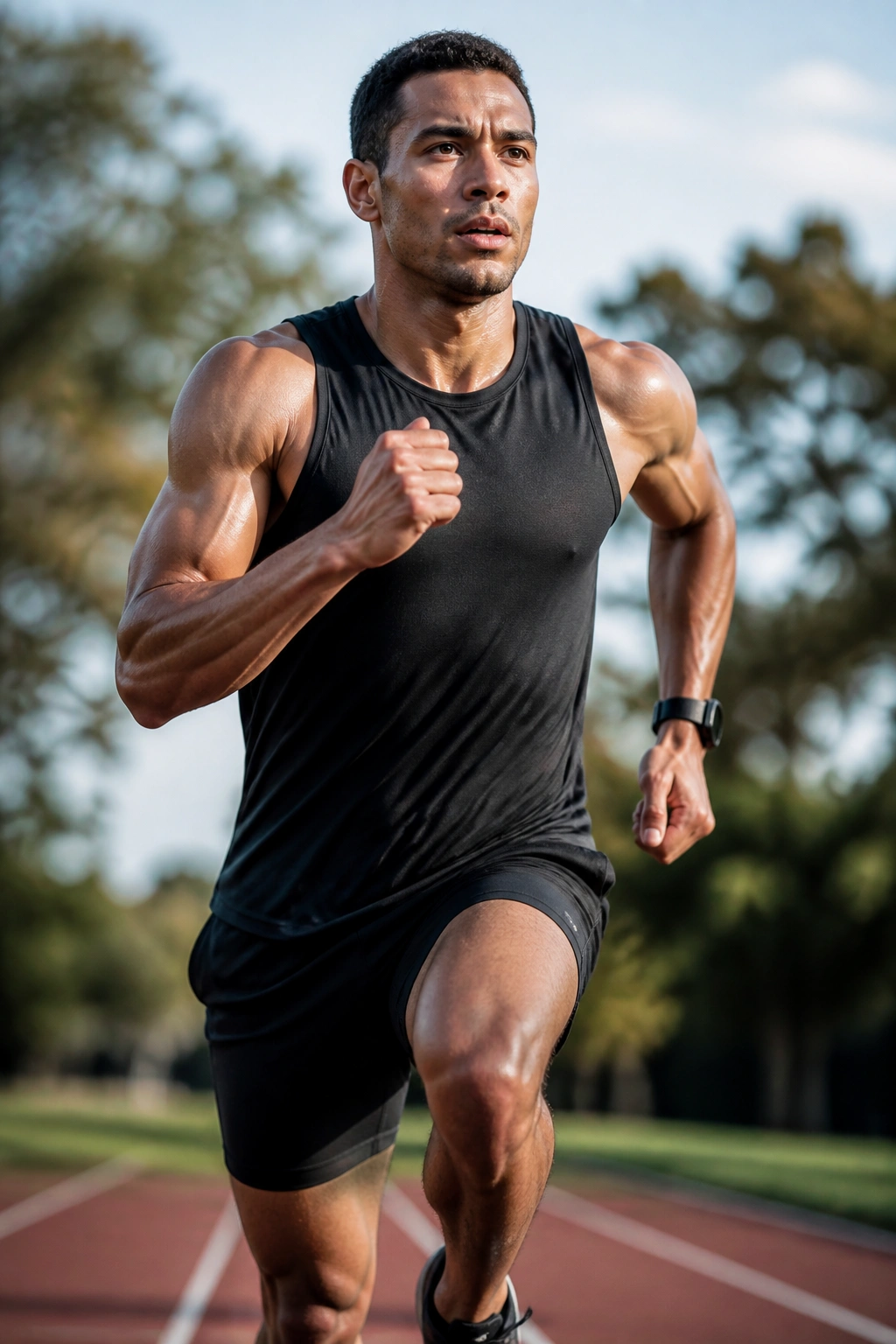 Runner in mid-run during one-minute interval outdoors