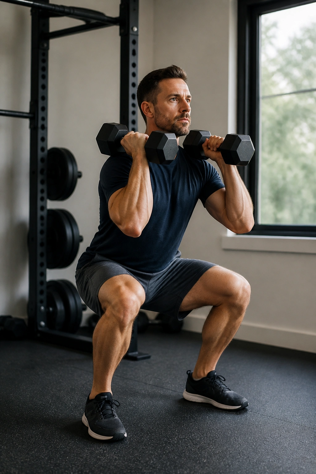 Person performing front squats with dumbbells in a small home gym