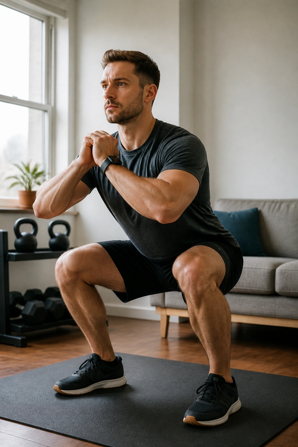 Person doing a squat in home gym illustrating progression plan