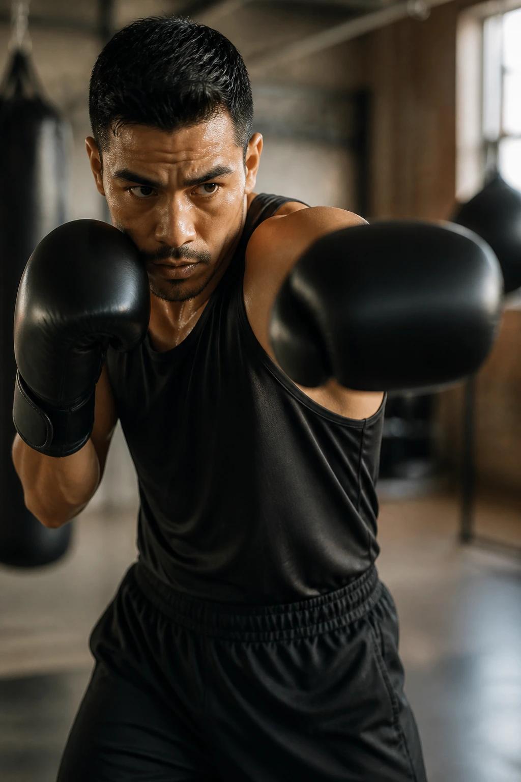 Boxer executing a smooth one-two combination in gym