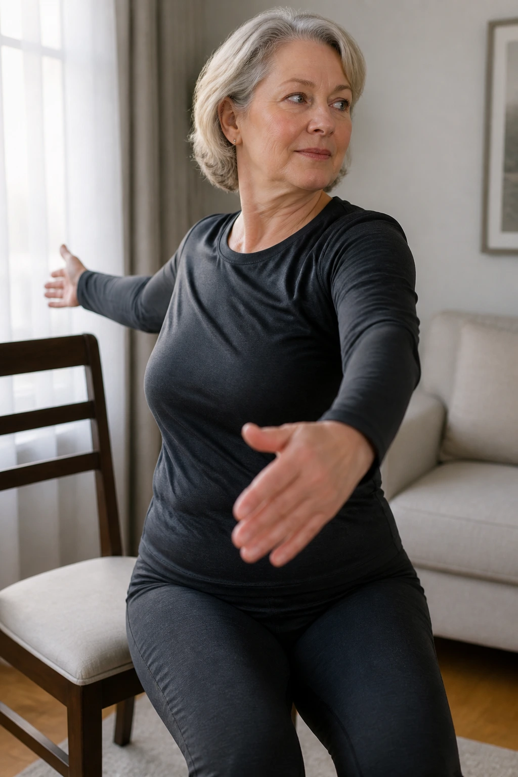 Senior performing open-book arm sweep with spinal rotation