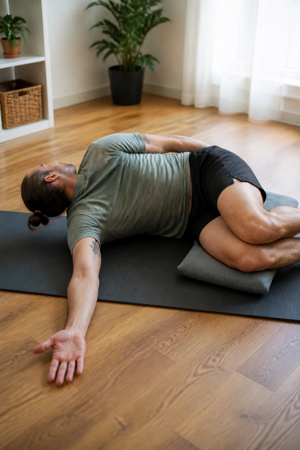 Side view of a person performing Open-Book Rotations to mobilize the thoracic spine