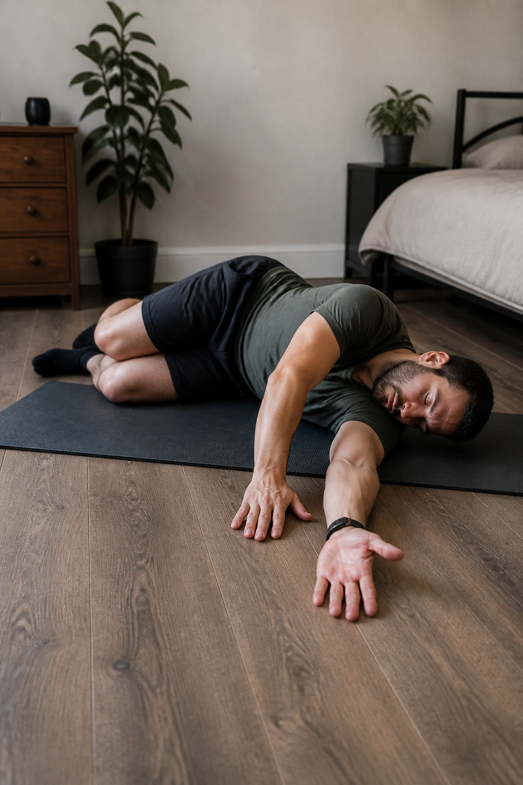 Side-lying person performing open-book rotation on a mat.