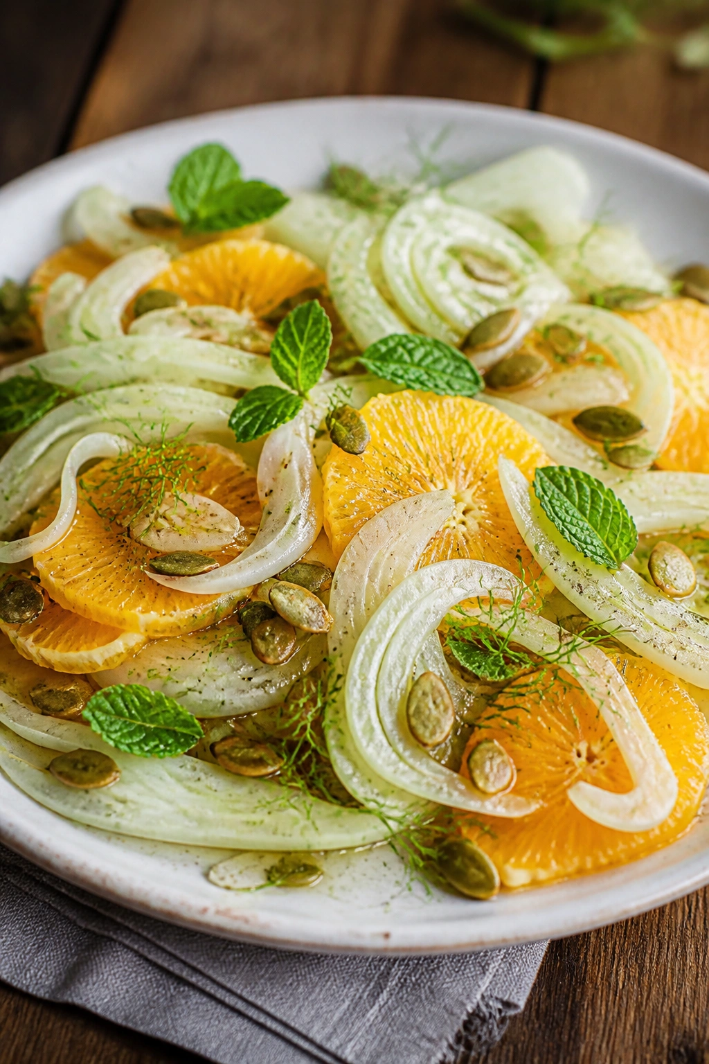 Bright orange fennel salad with mint on a wooden board