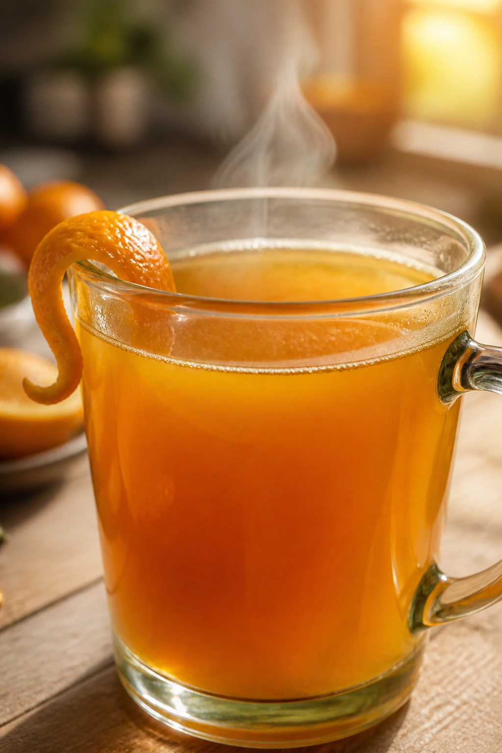 Close-up of orange-lemon ginger turmeric tea in a steaming cup with orange peel