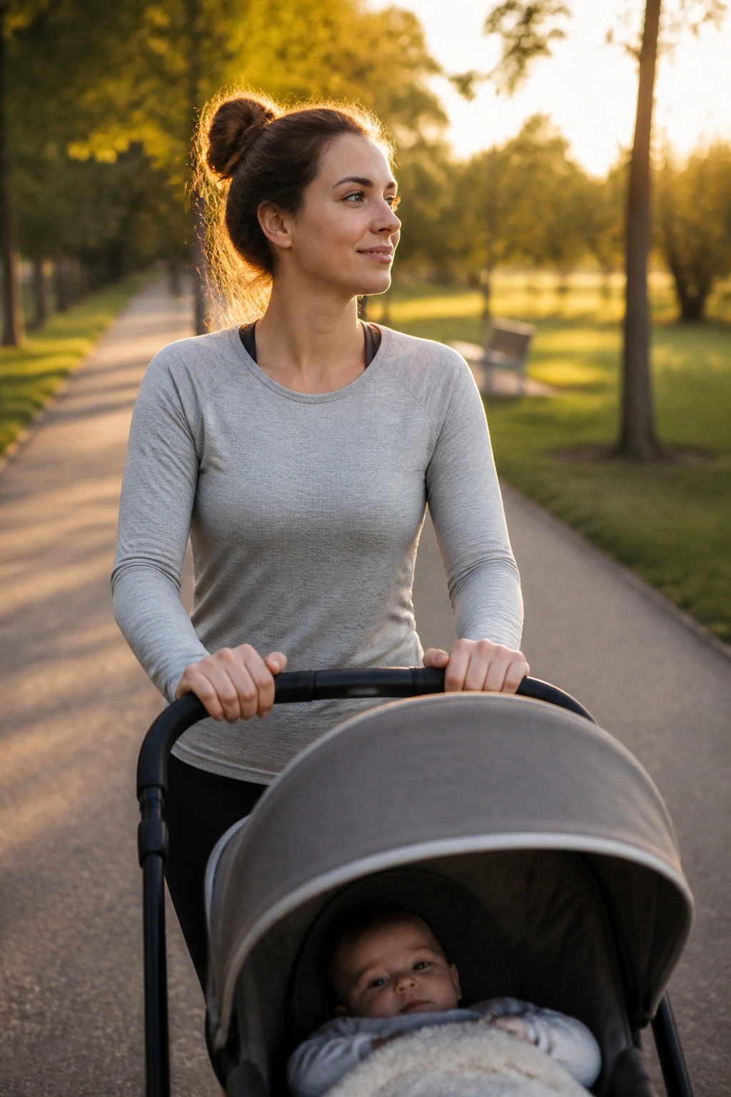Real mom pushing a stroller on a sunlit park path, perspective showing path receding to imply out-and-back route