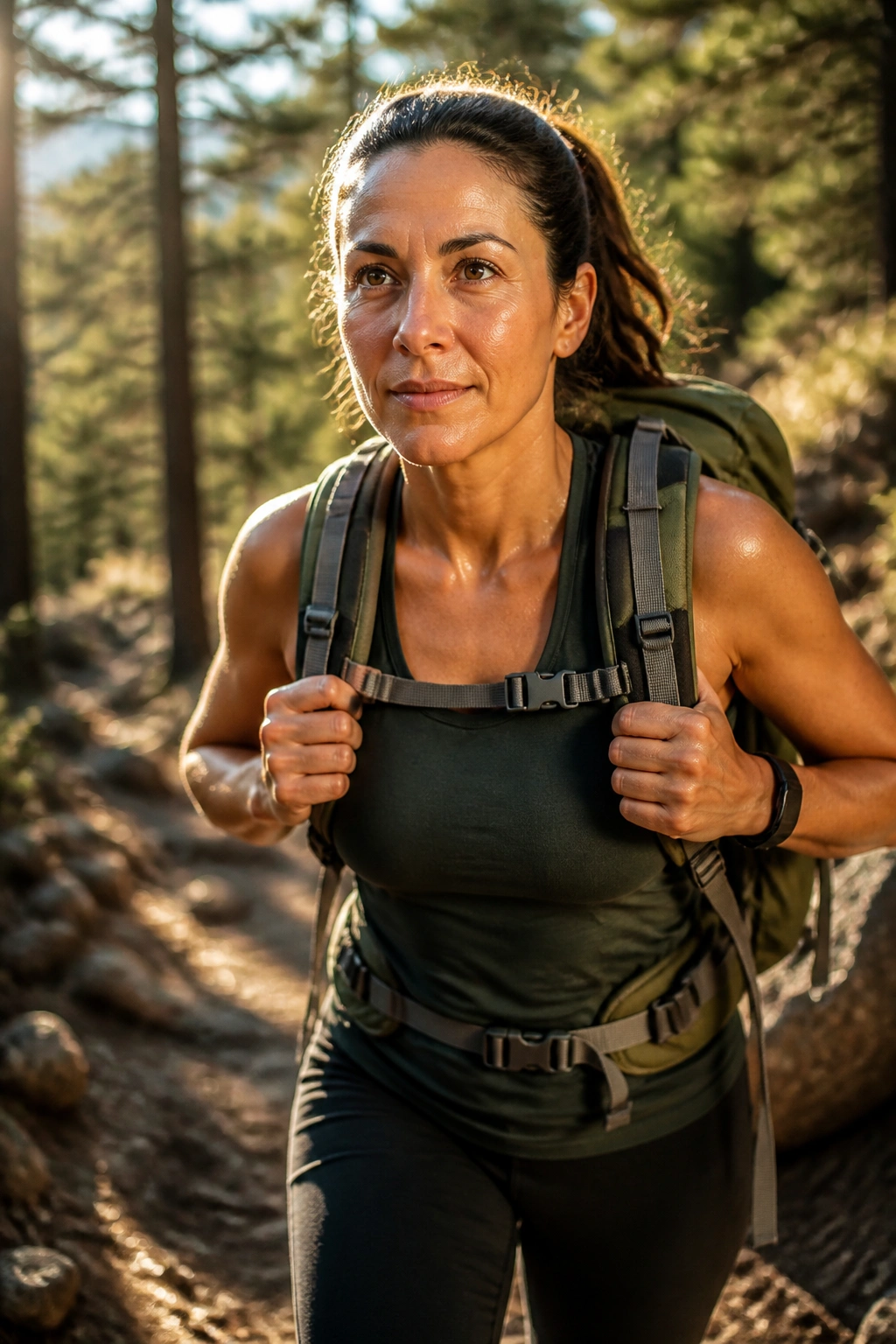 Hiker with backpack on forest trail during golden hour