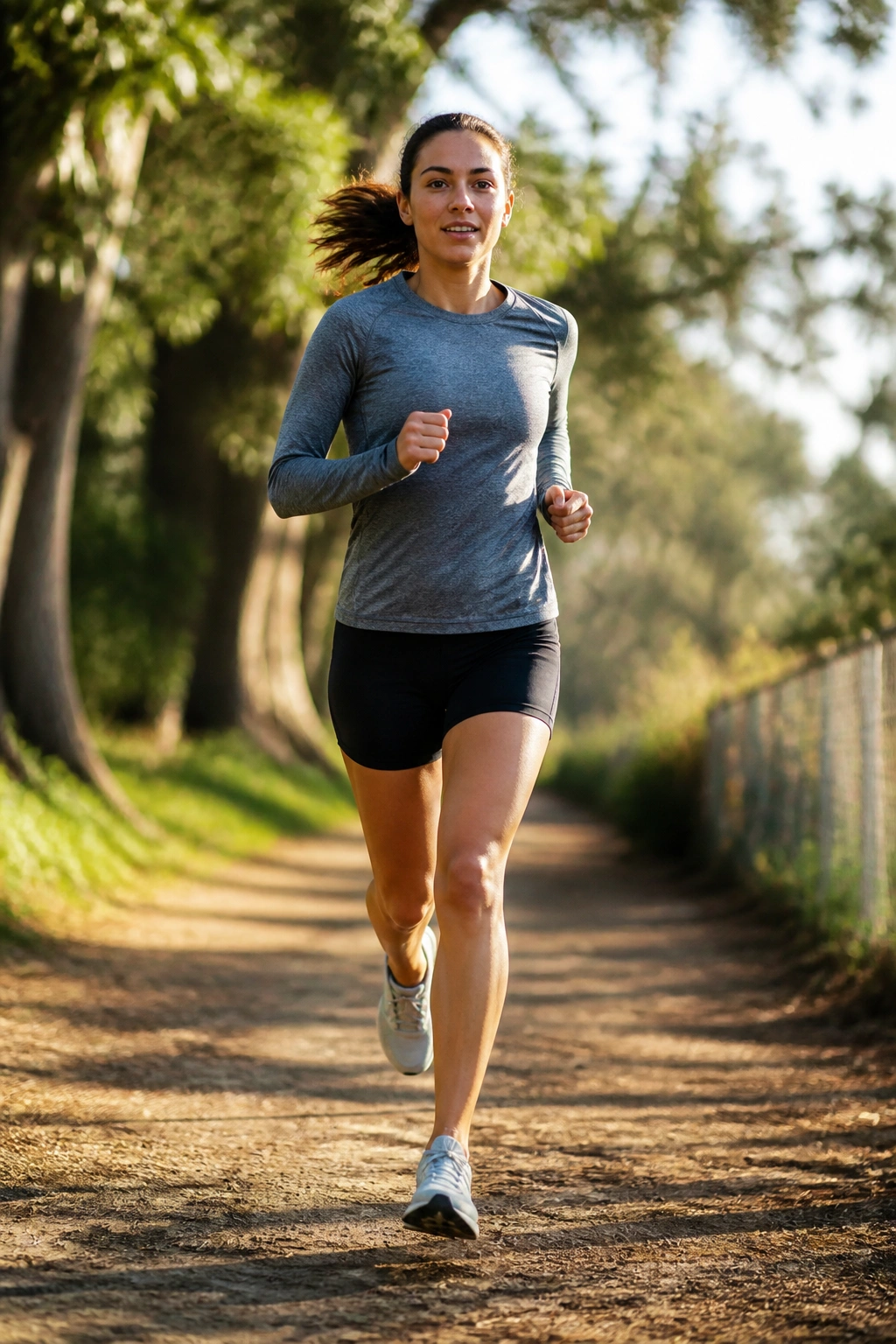 Runner jogging on a sunlit trail testing conversation pace during outdoor jog