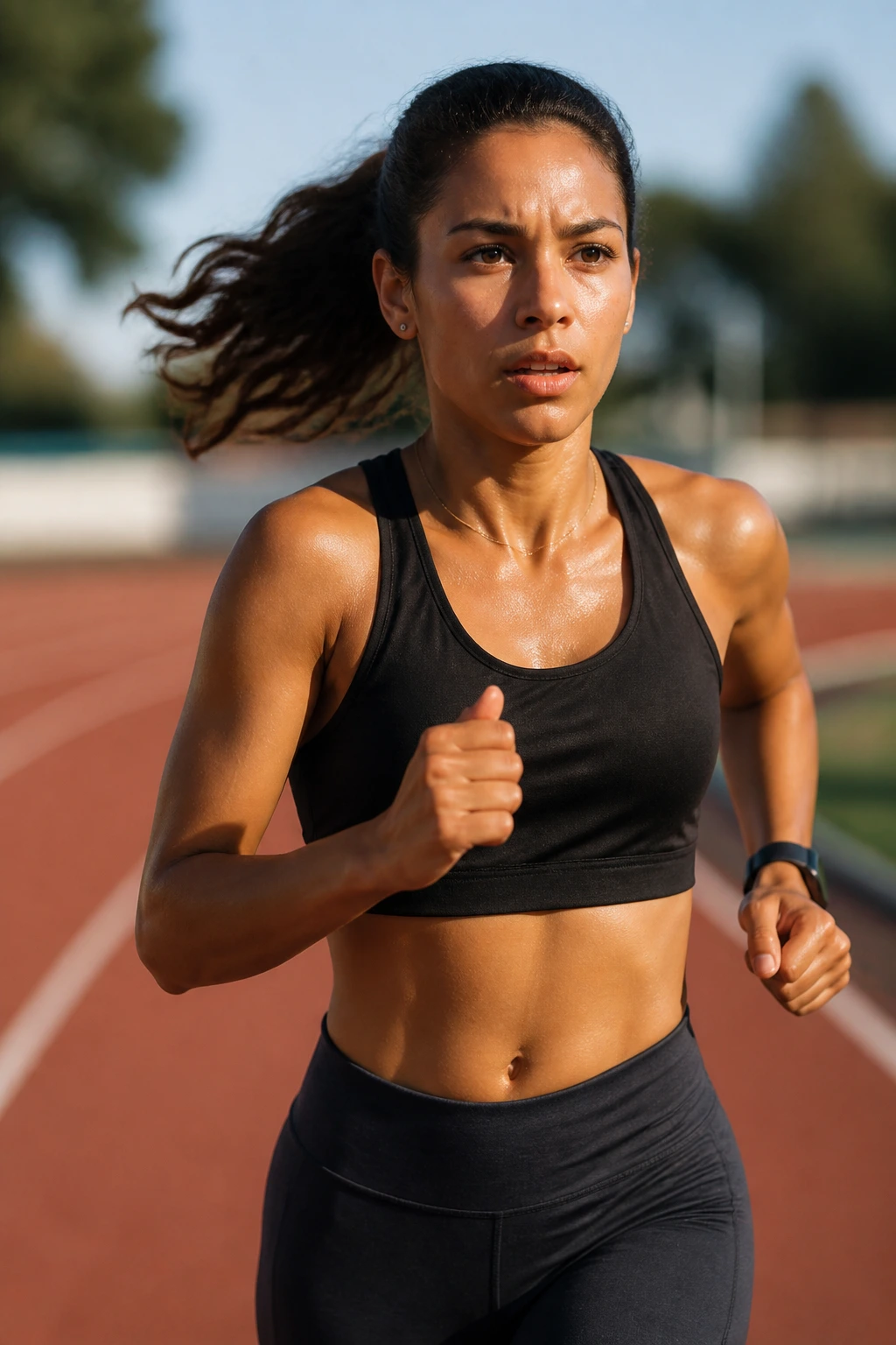 Runner on outdoor track during fartlek run with motion blur