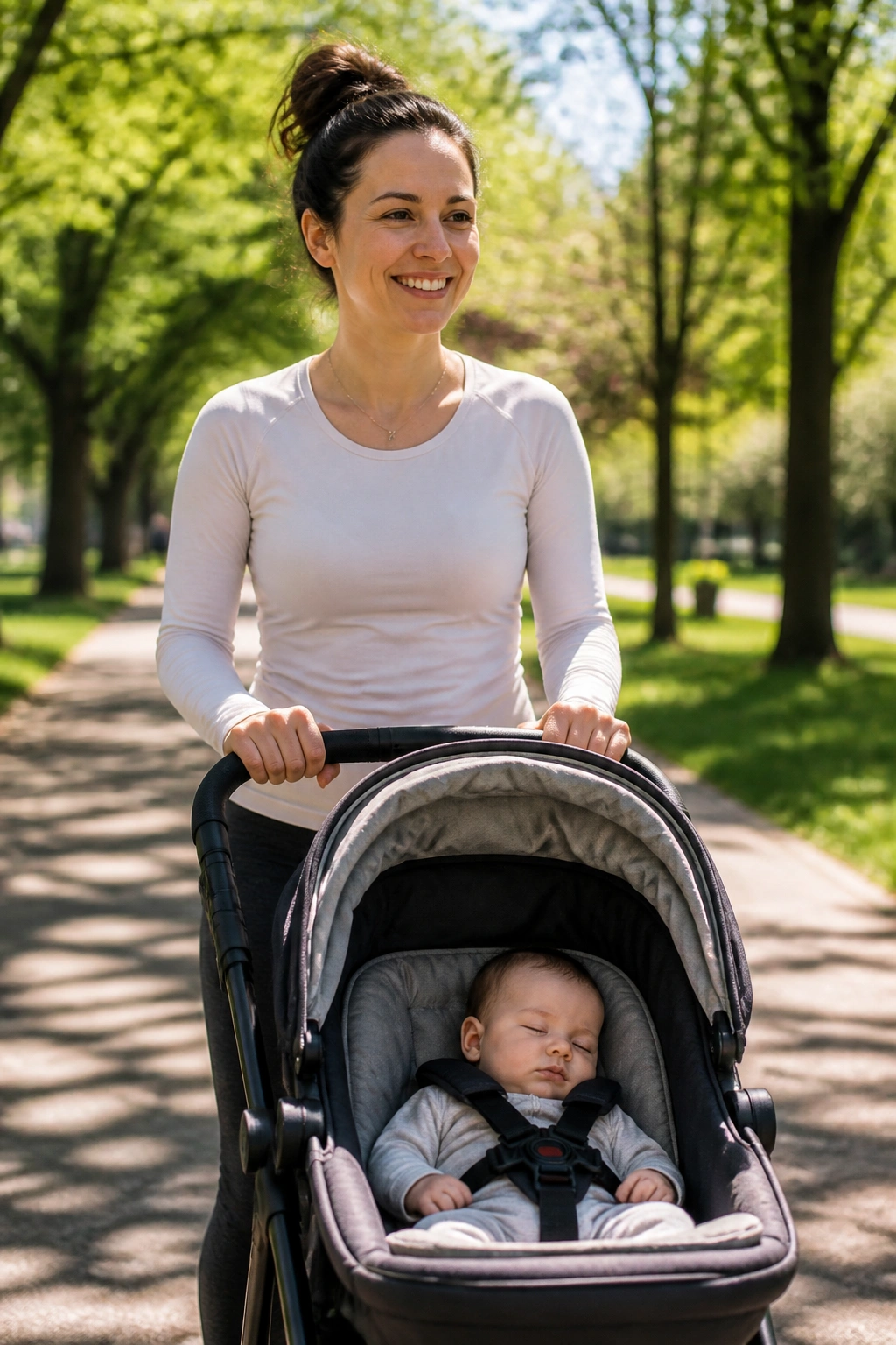 Mother walking outside with baby in stroller under morning light