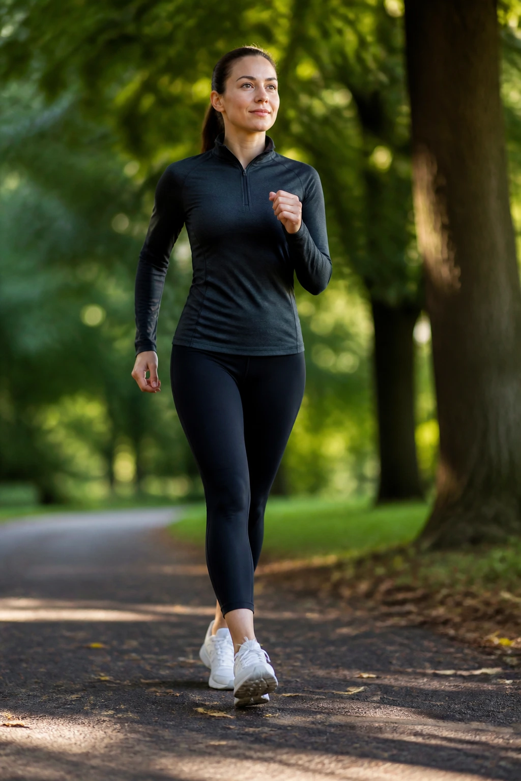 Person walking briskly in a park with athletic gear