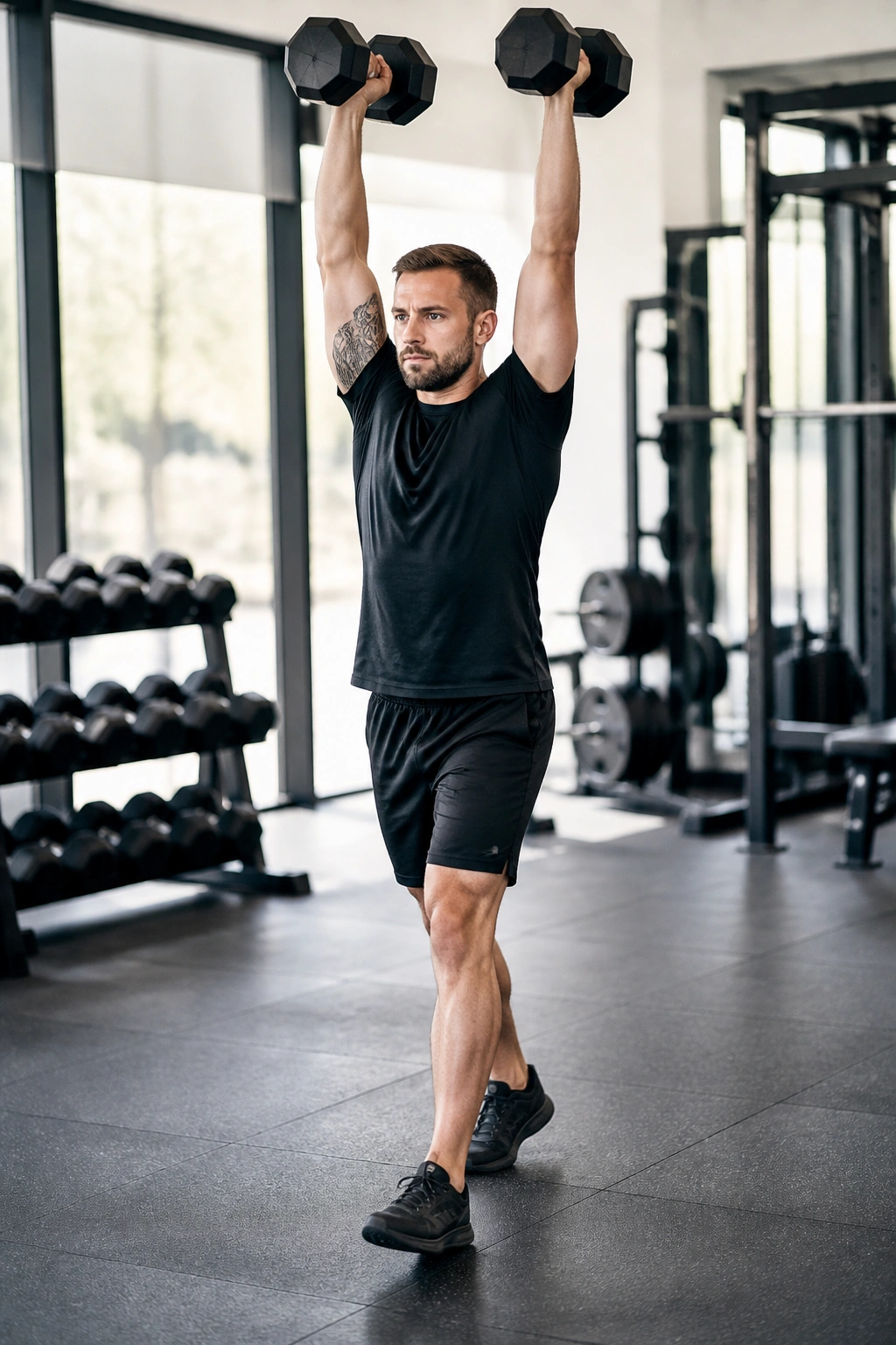 Person performing overhead carries with weights held above head