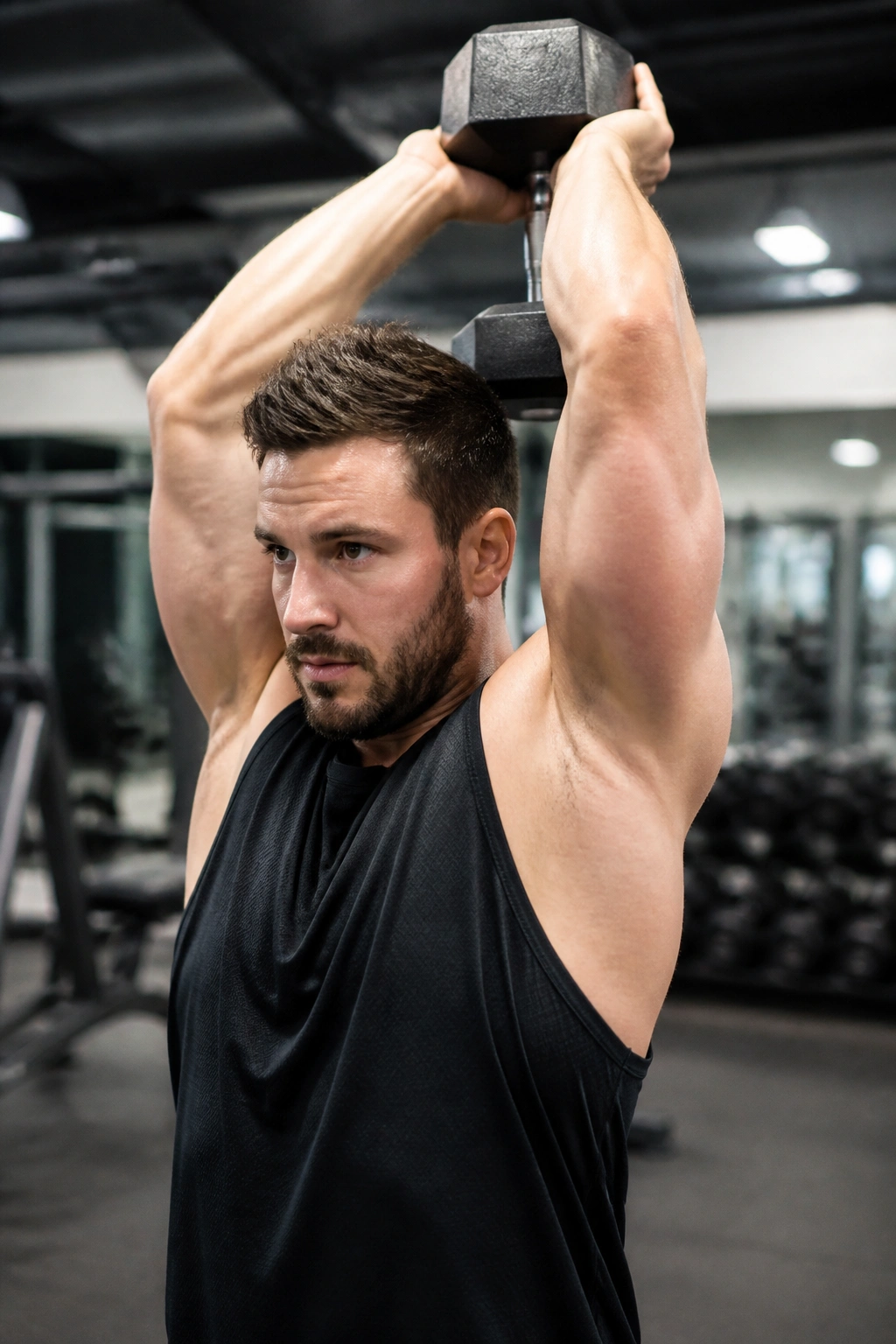 Real person performing overhead dumbbell triceps extensions with arms overhead.