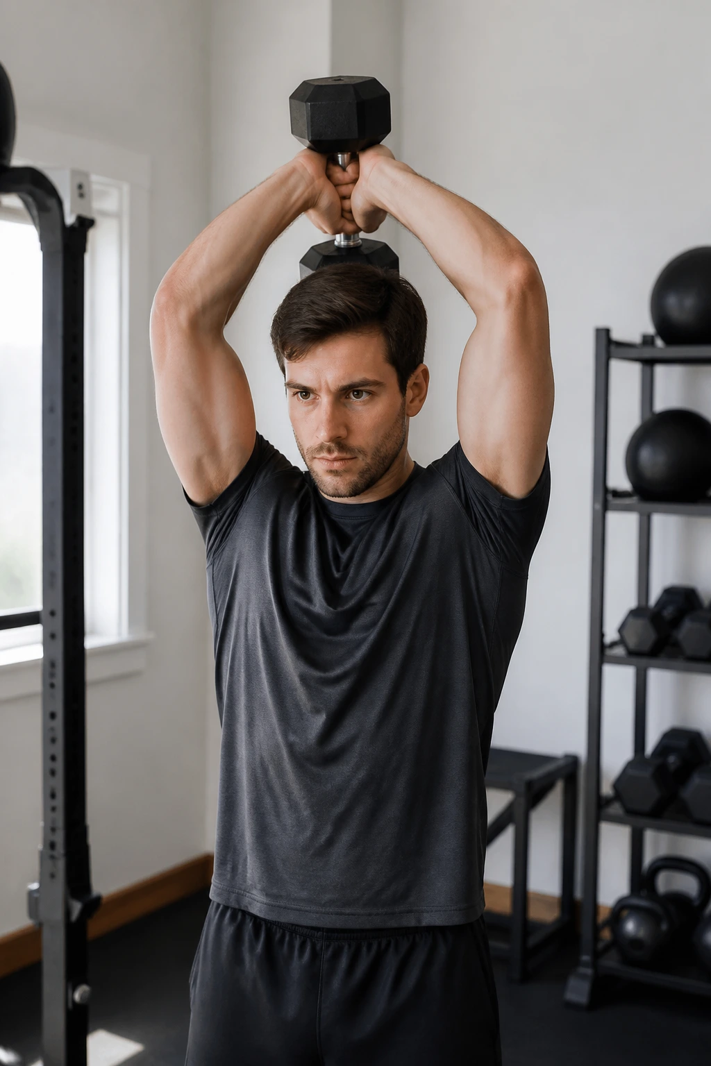 Person performing overhead dumbbell triceps extension in a home gym.