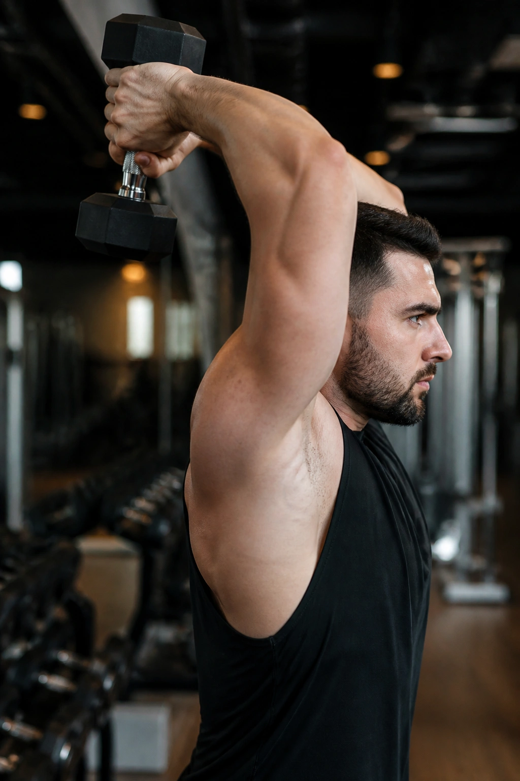 Side-profile of person performing overhead dumbbell extension