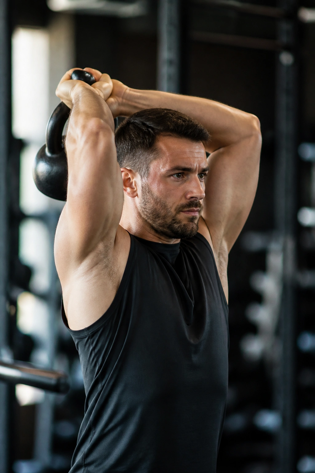 Overhead kettlebell triceps extension with elbows in, behind-head path.