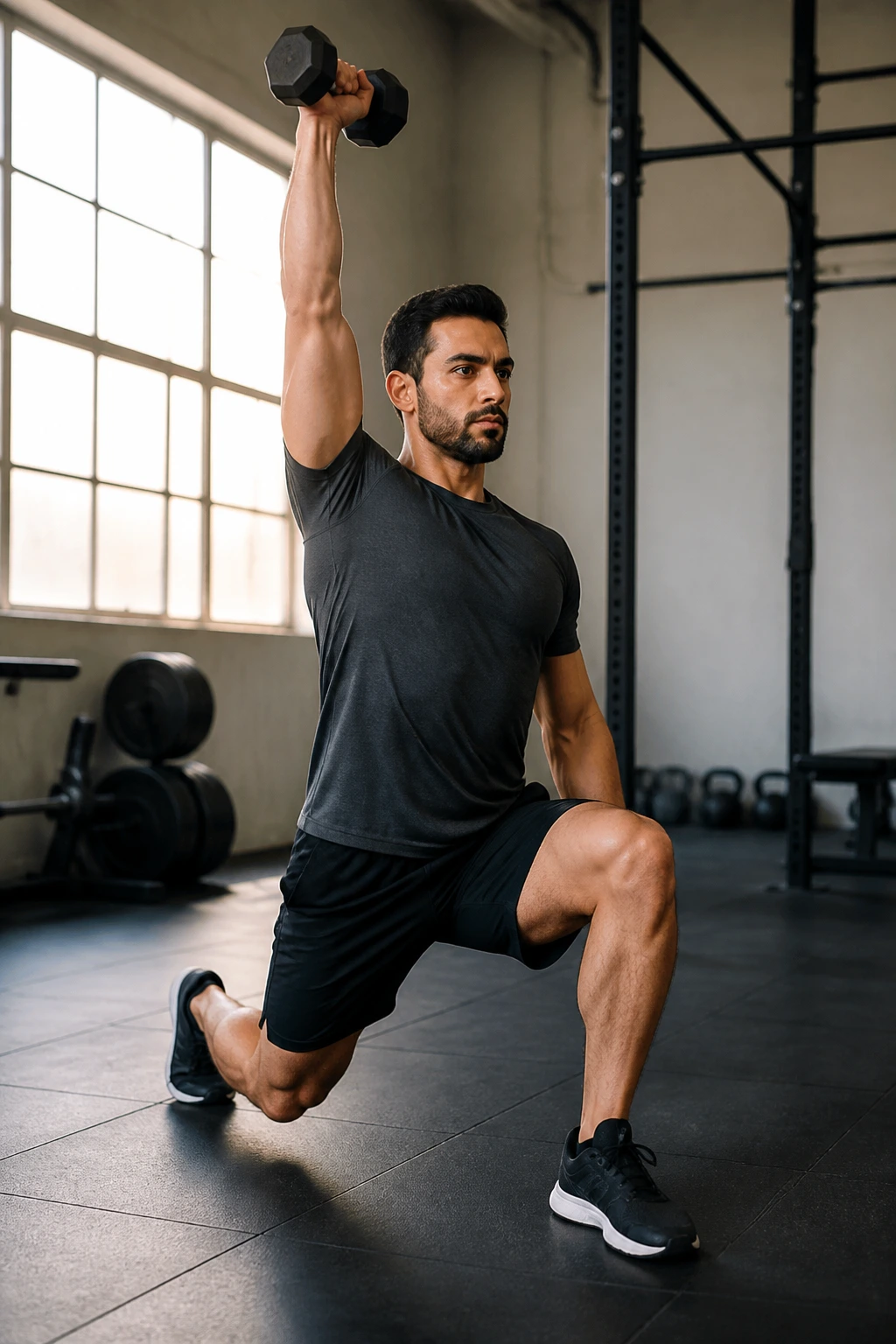 Portrait of person performing a single-arm overhead lunge