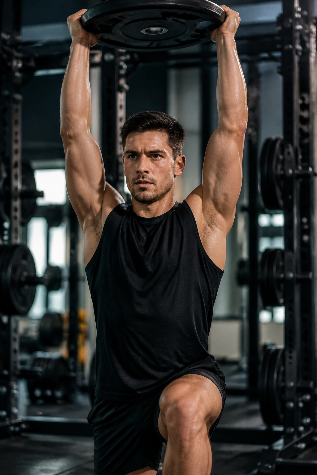 Upper body of athlete performing overhead plate reverse lunge