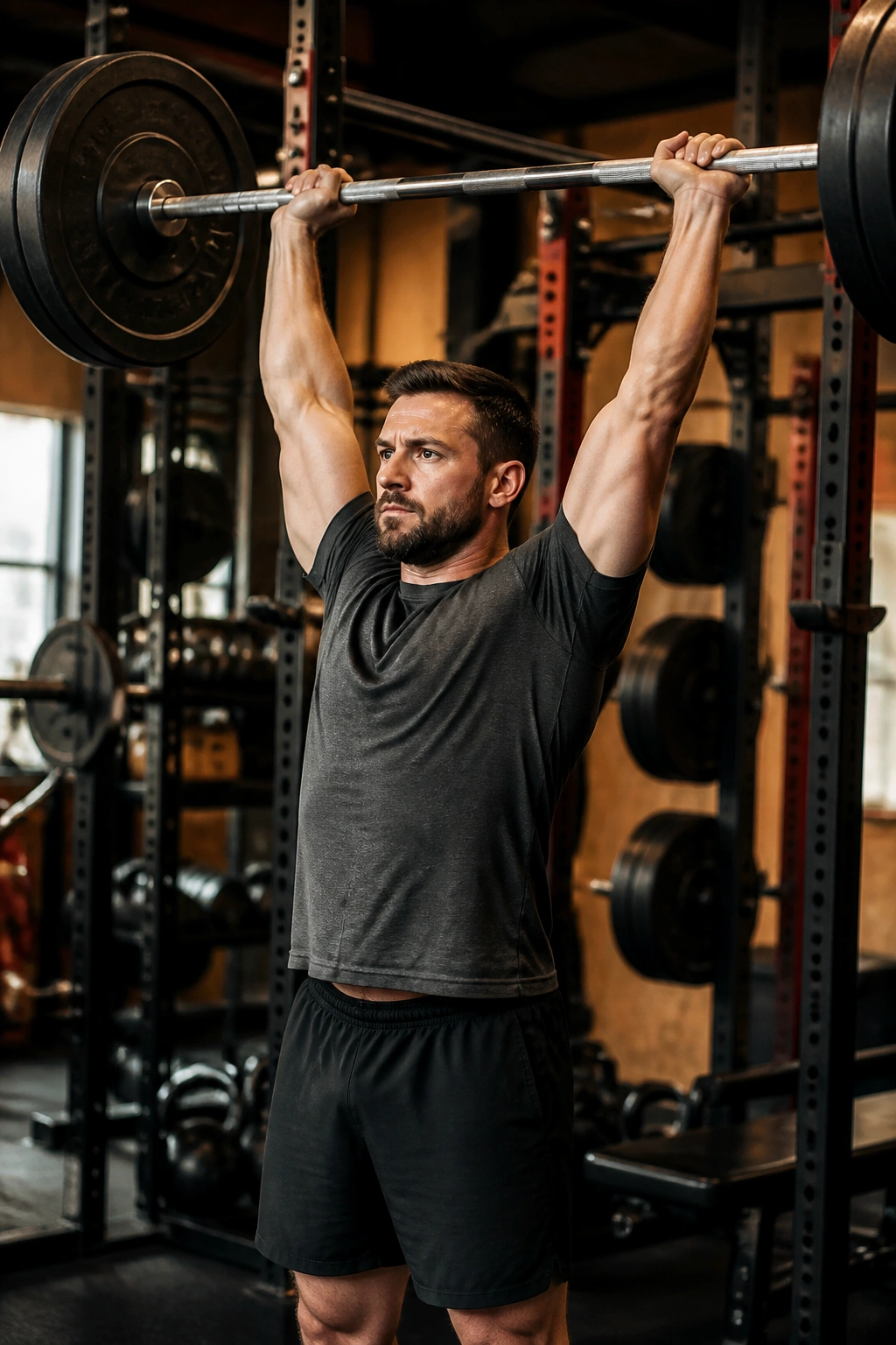 Lifter overhead-pressing barbell in a gym, full-body engagement