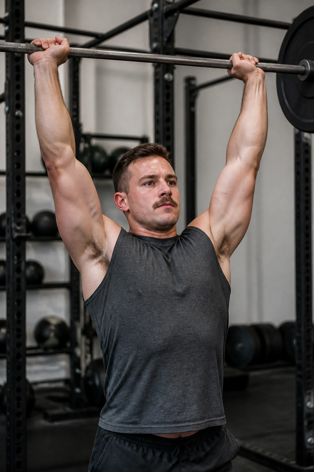 Close-up of lifter performing strict standing overhead press with barbell in gym