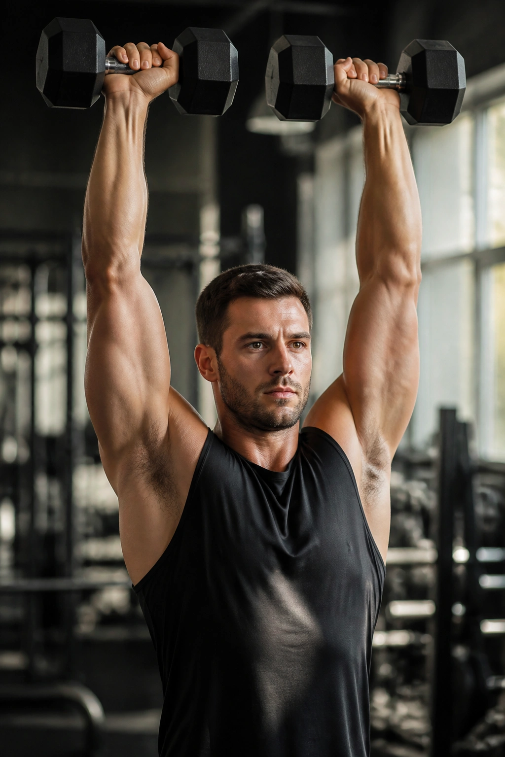 Close-up of a person performing an overhead dumbbell press in a gym, emphasizing shoulder stability.