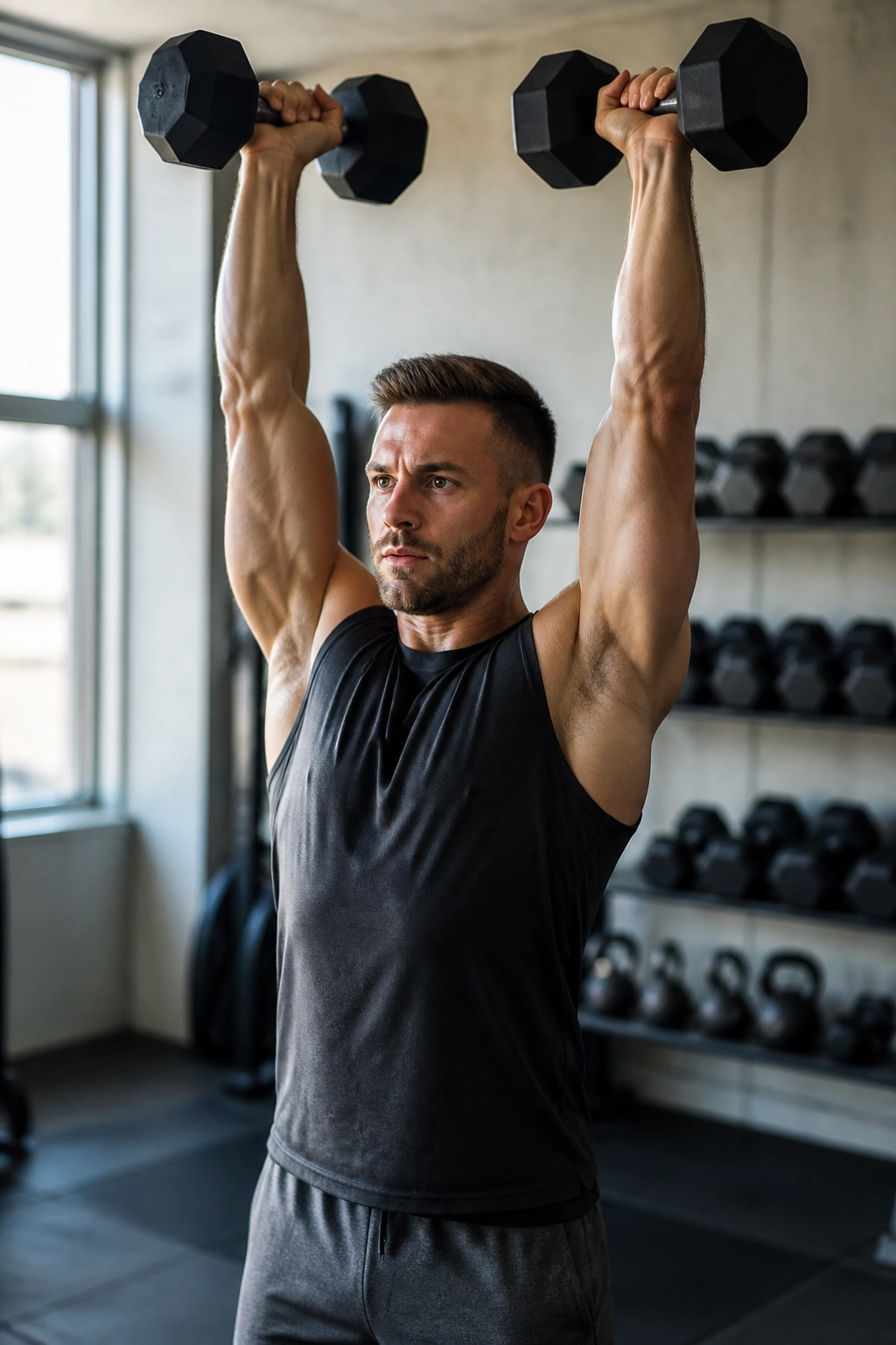 Close-up of a person performing standing dumbbell overhead press in a gym