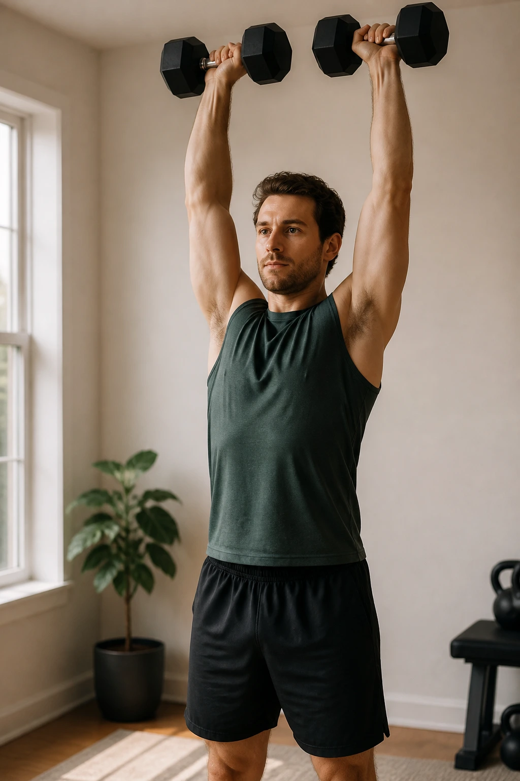 Medium-close view of a person performing standing dumbbell overhead press in a home room.