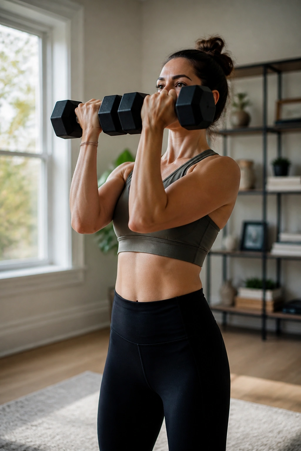 Portrait of a person performing an overhead press with dumbbells in a bright home space
