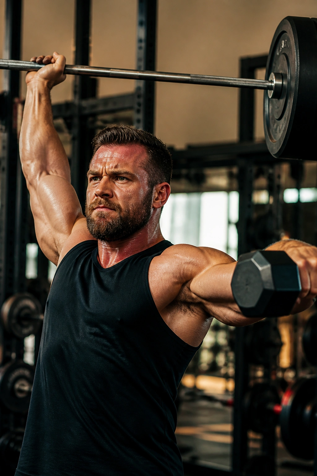 Close-up of athlete performing overhead press with barbell and lateral raise in gym